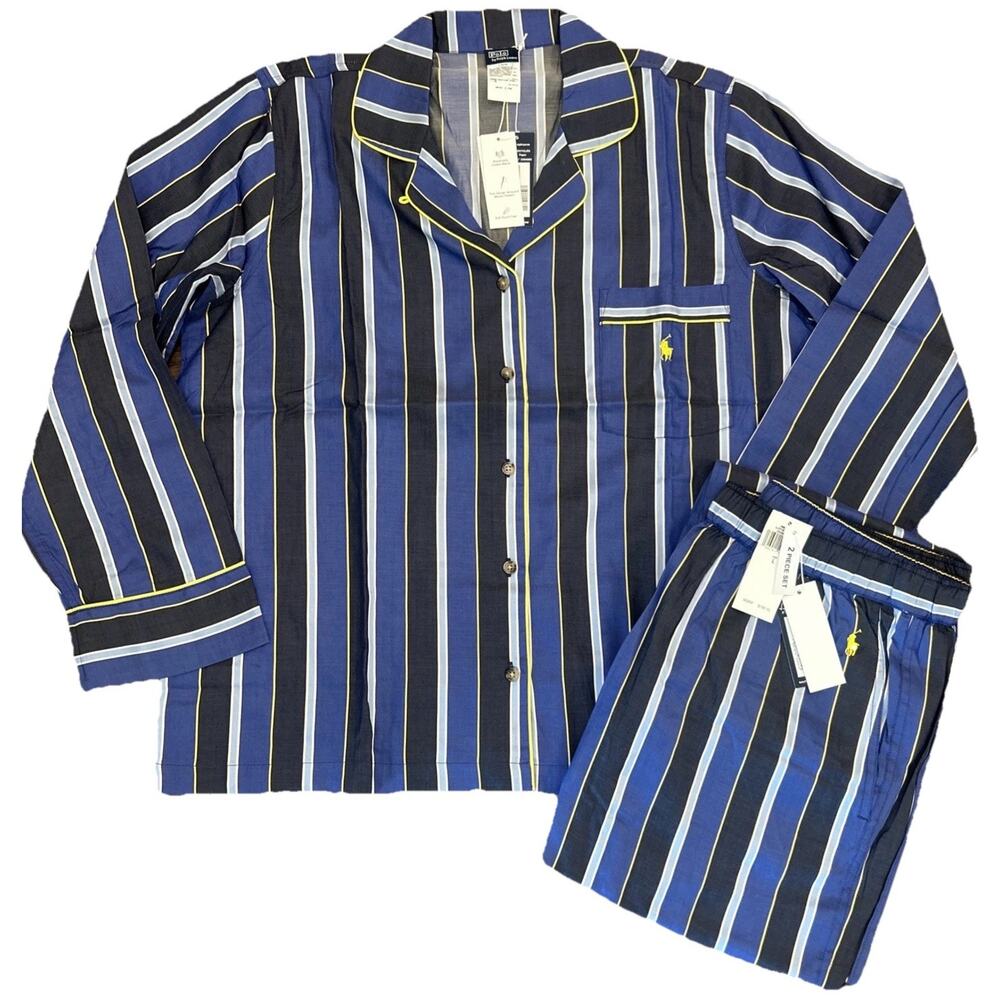 Polo by Ralph Lauren Navy, Blue & White Striped Pajama Set with Yellow Trim